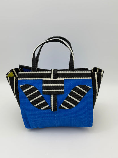Lagoon Medium  handwoven tote bag by SCRUBIES in Blue,Black,White with Solid design and Leaf accent pattern