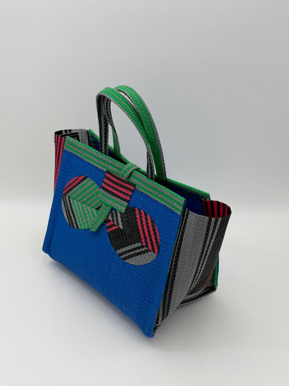 Lagoon Medium  handwoven tote bag by SCRUBIES in Blue,Pink,Green,Black, with Solid design and Bow  accent pattern