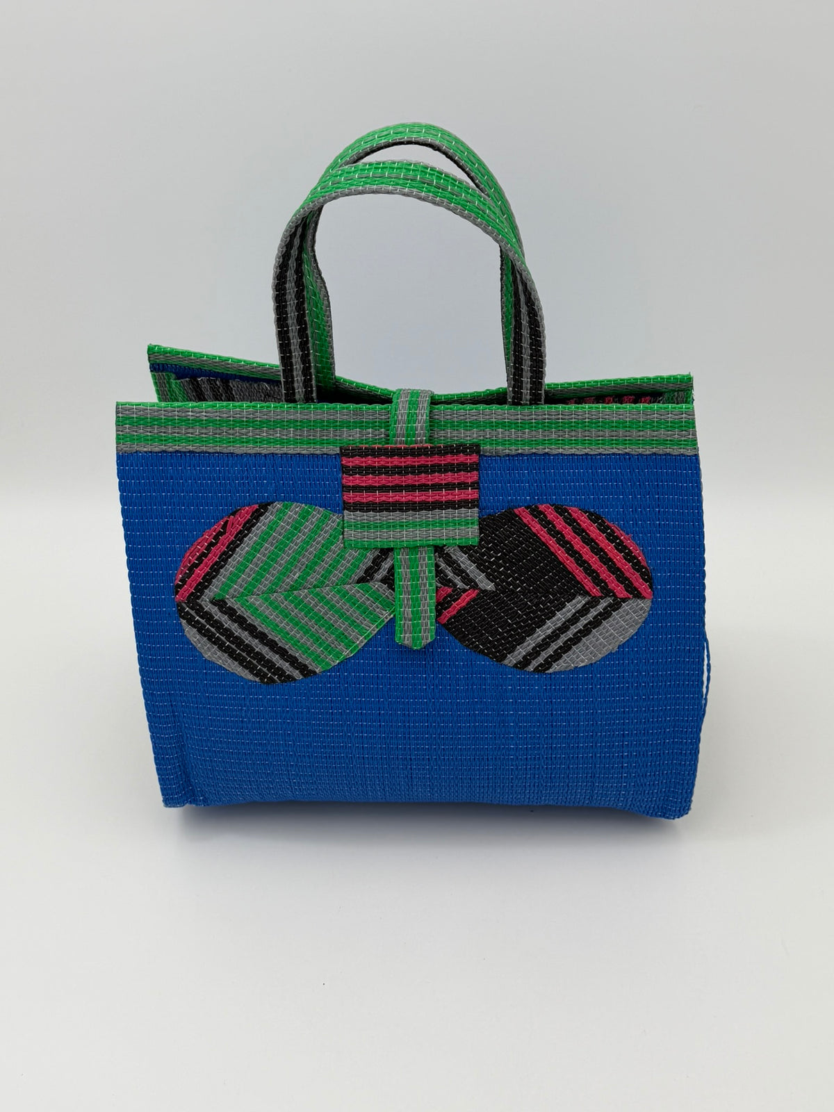 Lagoon Medium  handwoven tote bag by SCRUBIES in Blue,Pink,Green,Black, with Solid design and Bow  accent pattern