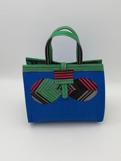 Lagoon Medium  handwoven tote bag by SCRUBIES in Blue,Pink,Green,Black, with Solid design and Bow  accent pattern