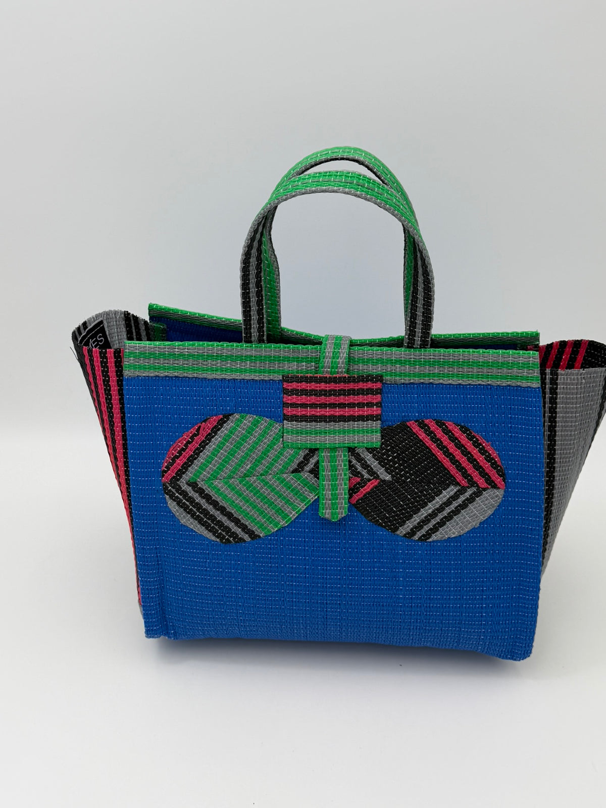 Lagoon Medium  handwoven tote bag by SCRUBIES in Blue,Pink,Green,Black, with Solid design and Bow  accent pattern