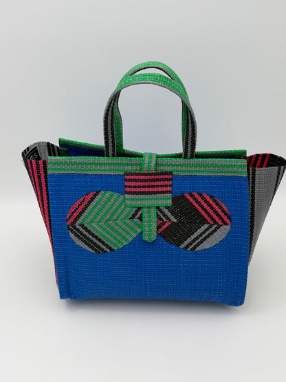 Lagoon Medium  handwoven tote bag by SCRUBIES in Blue,Pink,Green,Black, with Solid design and Bow  accent pattern