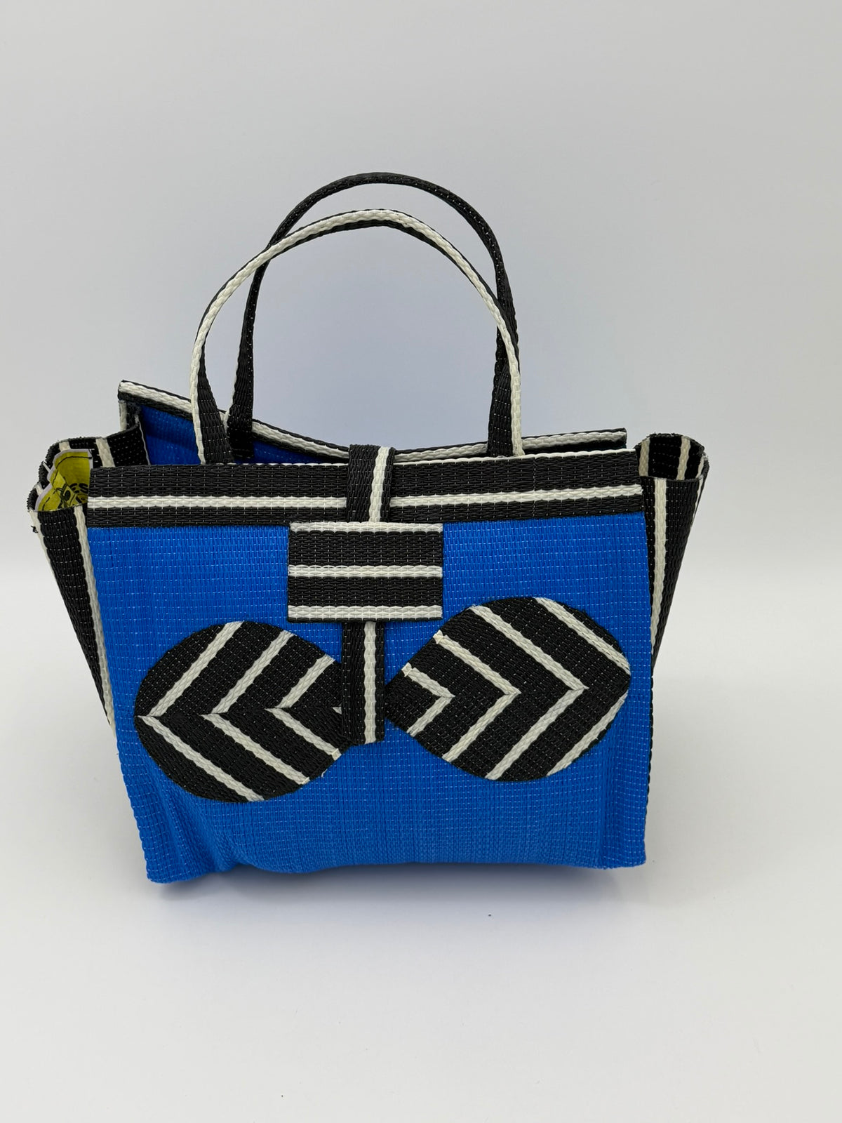 Lagoon Medium  handwoven tote bag by SCRUBIES in Blue,Black,White with Solid design and Bow accent pattern