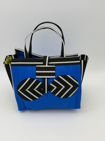 Lagoon Medium  handwoven tote bag by SCRUBIES in Blue,Black,White with Solid design and Bow accent pattern