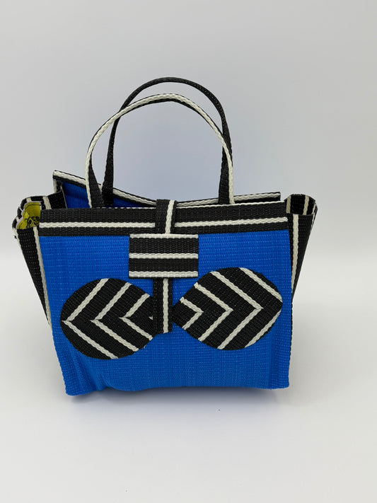 Lagoon Medium  handwoven tote bag by SCRUBIES in Blue,Black,White with Solid design and Bow accent pattern