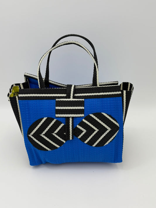 Lagoon Medium  handwoven tote bag by SCRUBIES in Blue,Black,White with Solid design and Bow accent pattern