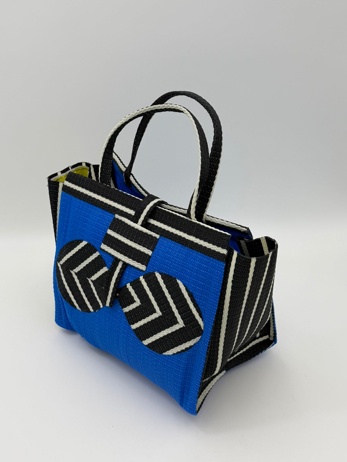 Lagoon Medium  handwoven tote bag by SCRUBIES in Blue,Black,White with Solid design and Bow accent pattern