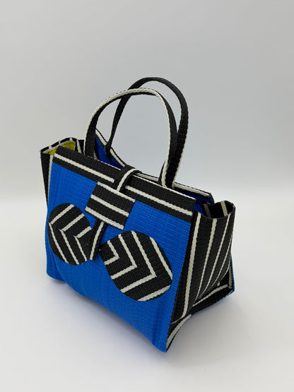 Lagoon Medium  handwoven tote bag by SCRUBIES in Blue,Black,White with Solid design and Bow accent pattern
