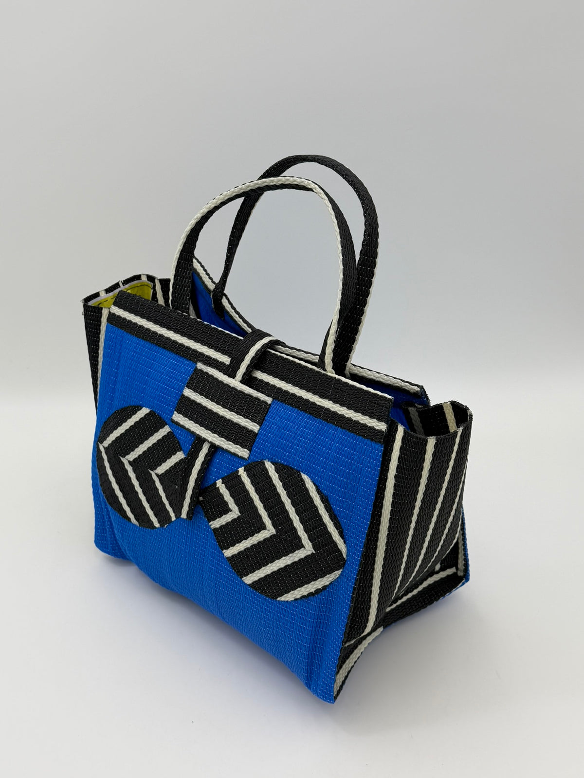 Lagoon Medium  handwoven tote bag by SCRUBIES in Blue,Black,White with Solid design and Bow accent pattern