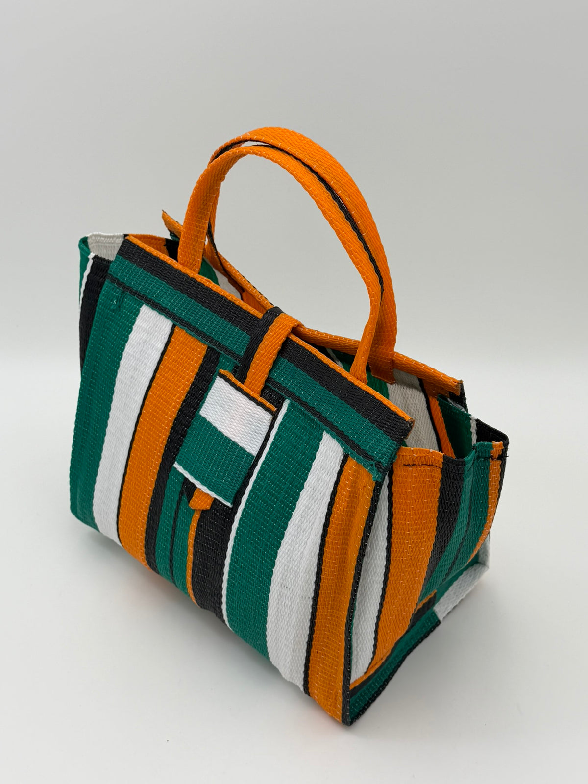 Citrus Medium  handwoven tote bag by SCRUBIES in Green,White,Orange,Black with Stripes design and 0 accent pattern