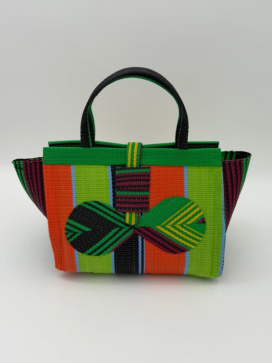 Citrus Medium  handwoven tote bag by SCRUBIES in Geen,Orange,Wine,Lime,Black with Stripes design and Bow accent pattern