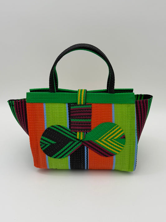 Citrus Medium  handwoven tote bag by SCRUBIES in Geen,Orange,Wine,Lime,Black with Stripes design and Bow accent pattern