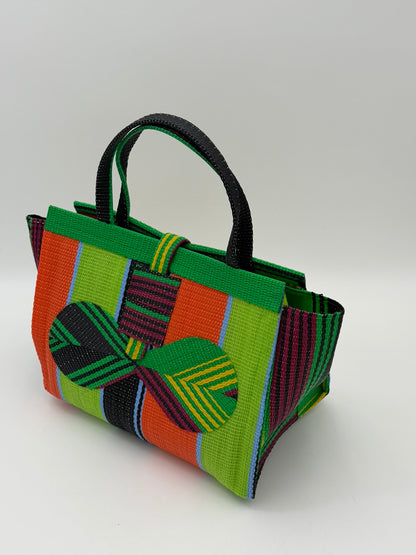 Citrus Medium  handwoven tote bag by SCRUBIES in Geen,Orange,Wine,Lime,Black with Stripes design and Bow accent pattern