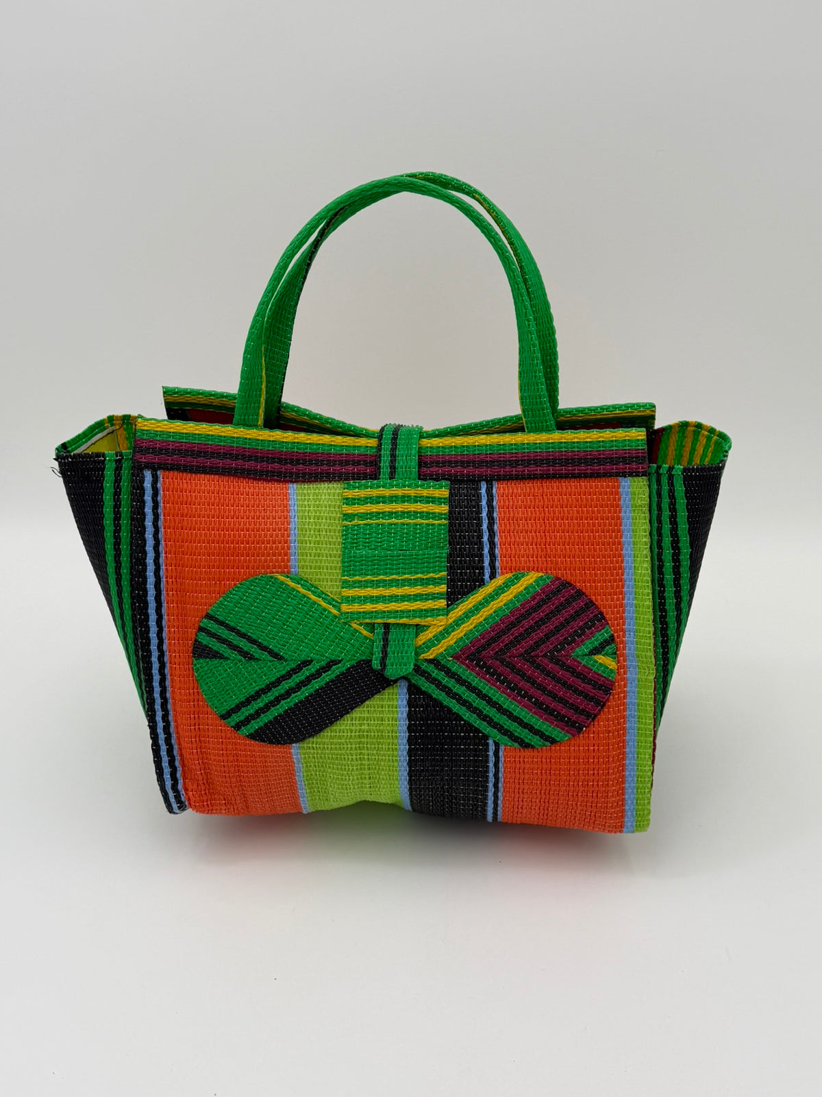 Citrus Medium  handwoven tote bag by SCRUBIES in Geen,Orange,Wine,Lime,Black with Stripes design and Bow accent pattern
