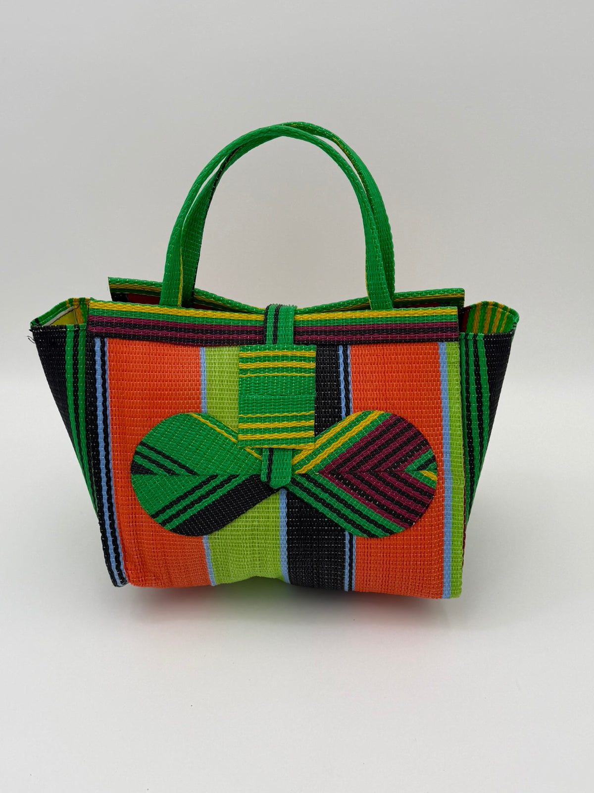 Citrus Medium  handwoven tote bag by SCRUBIES in Geen,Orange,Wine,Lime,Black with Stripes design and Bow accent pattern