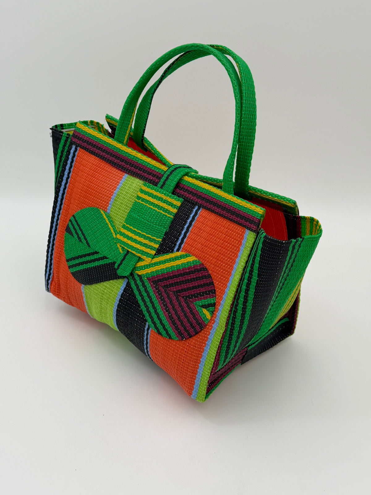 Citrus Medium  handwoven tote bag by SCRUBIES in Geen,Orange,Wine,Lime,Black with Stripes design and Bow accent pattern