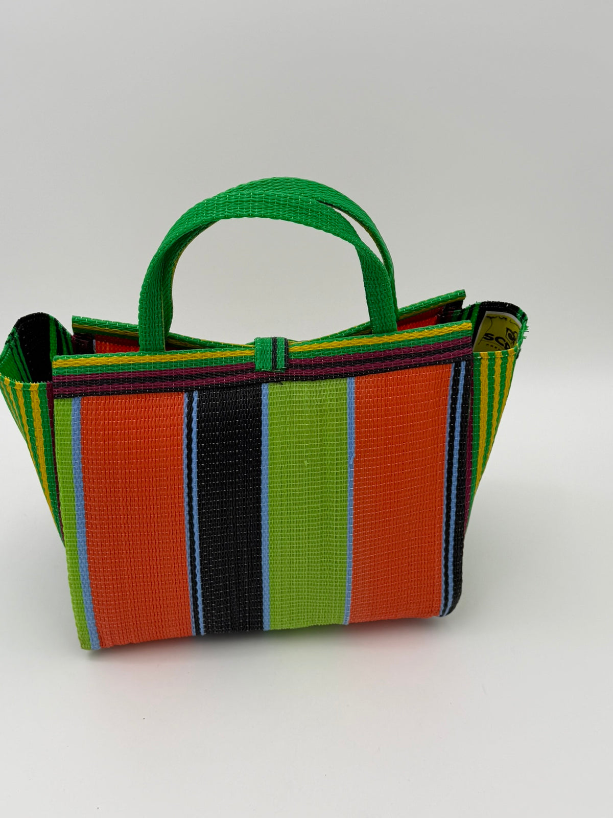 Citrus Medium  handwoven tote bag by SCRUBIES in Geen,Orange,Wine,Lime,Black with Stripes design and Bow accent pattern