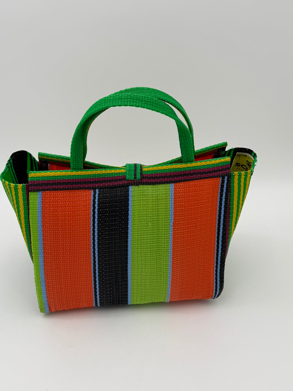 Citrus Medium  handwoven tote bag by SCRUBIES in Geen,Orange,Wine,Lime,Black with Stripes design and Bow accent pattern