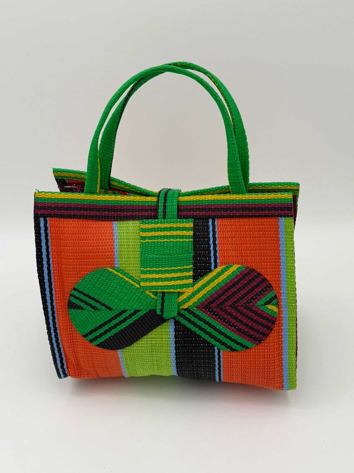 Citrus Medium  handwoven tote bag by SCRUBIES in Geen,Orange,Wine,Lime,Black with Stripes design and Bow accent pattern