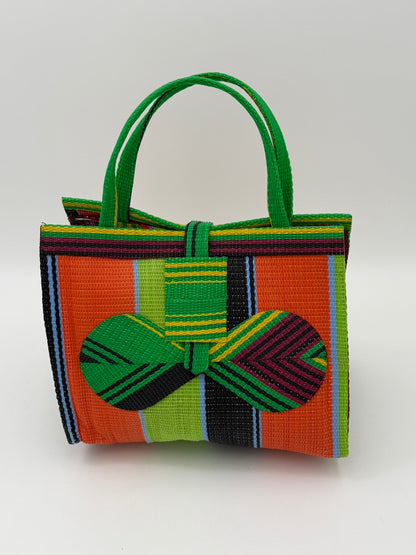 Citrus Medium  handwoven tote bag by SCRUBIES in Geen,Orange,Wine,Lime,Black with Stripes design and Bow accent pattern