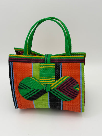 Citrus Medium  handwoven tote bag by SCRUBIES in Geen,Orange,Wine,Lime,Black with Stripes design and Bow accent pattern