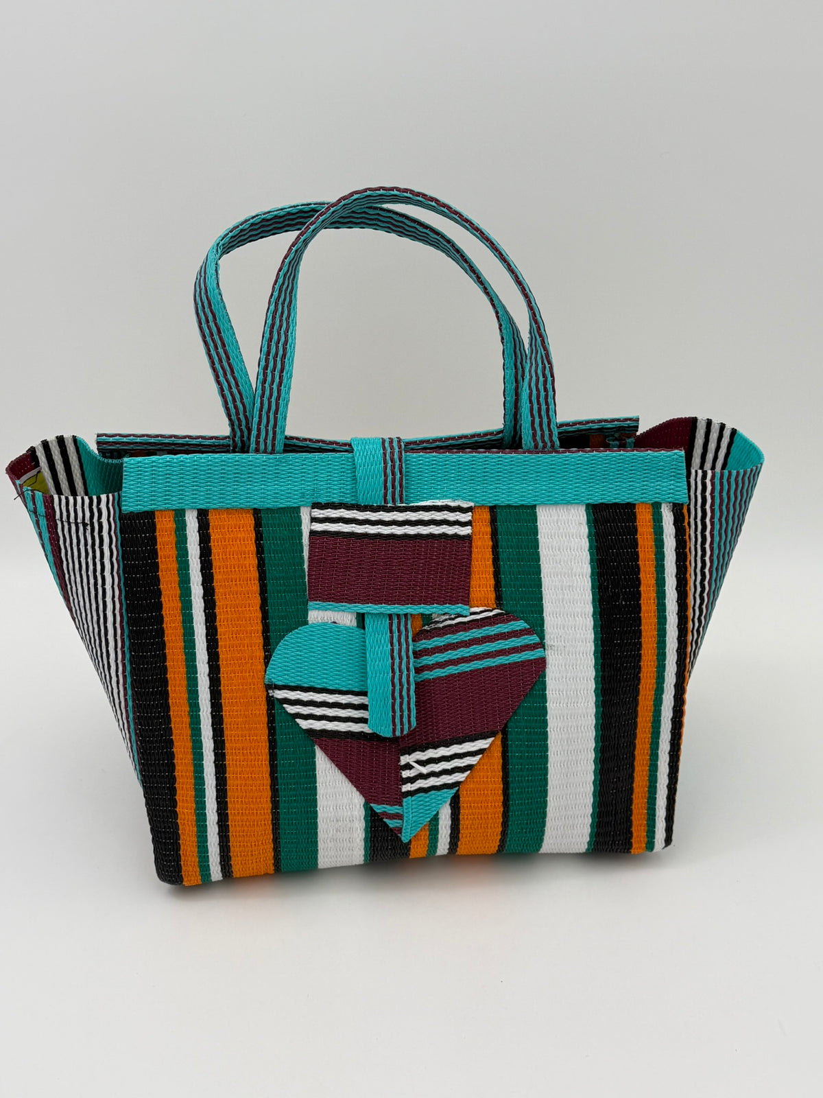 Citrus Medium  handwoven tote bag by SCRUBIES in Teal,Black,Orange,Green,White with Stripes design and Love accent pattern