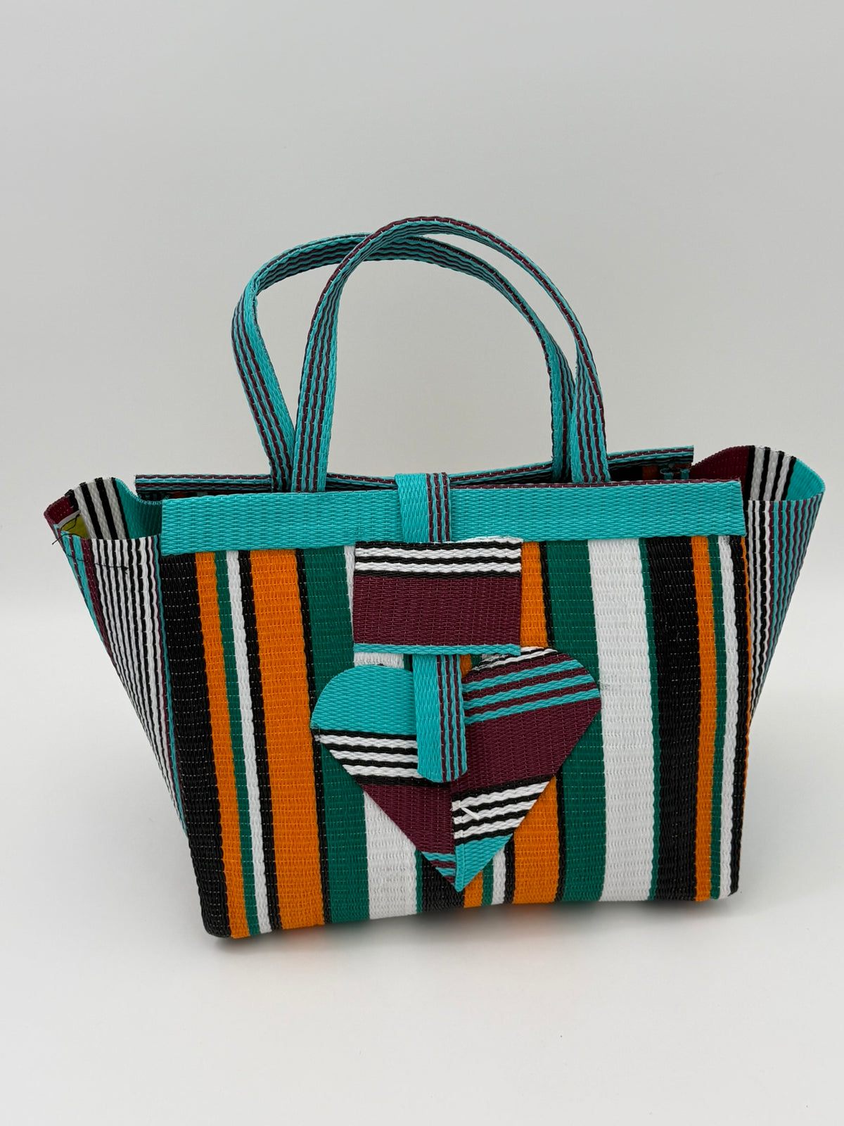 Citrus Medium  handwoven tote bag by SCRUBIES in Teal,Black,Orange,Green,White with Stripes design and Love accent pattern