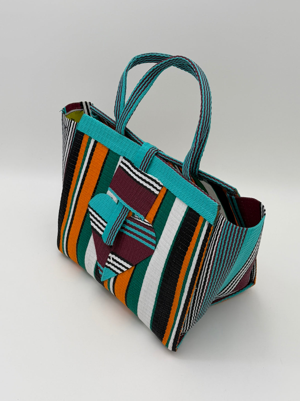 Citrus Medium  handwoven tote bag by SCRUBIES in Teal,Black,Orange,Green,White with Stripes design and Love accent pattern