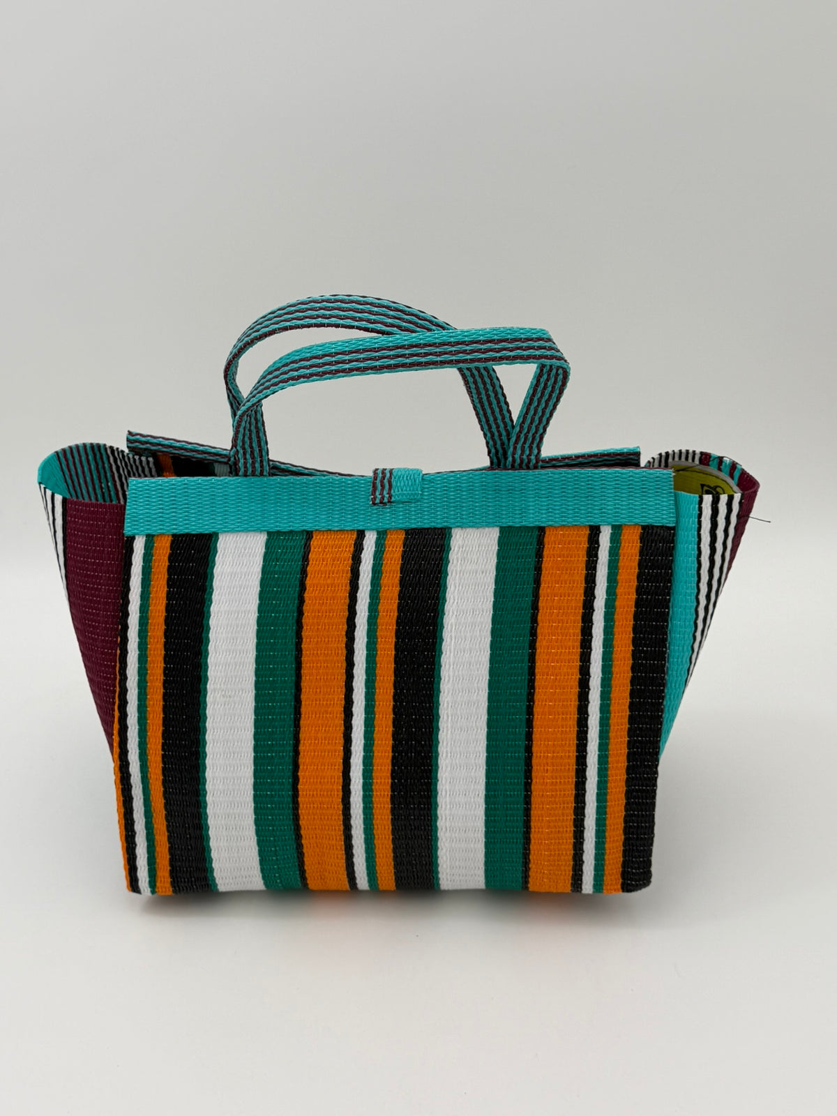 Citrus Medium  handwoven tote bag by SCRUBIES in Teal,Black,Orange,Green,White with Stripes design and Love accent pattern