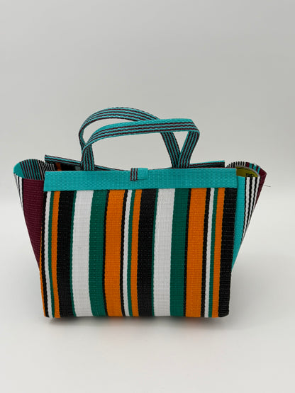 Citrus Medium  handwoven tote bag by SCRUBIES in Teal,Black,Orange,Green,White with Stripes design and Love accent pattern