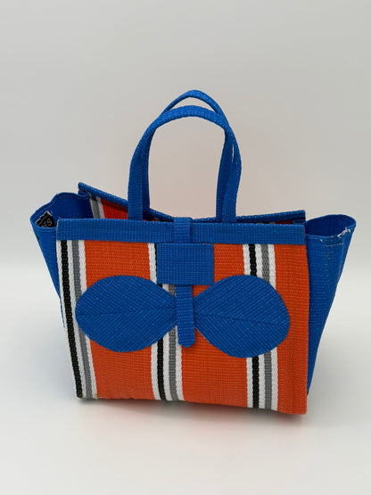 Citrus Medium  handwoven tote bag by SCRUBIES in Orange,Blue,White,Gray with Stripes design and Bow accent pattern