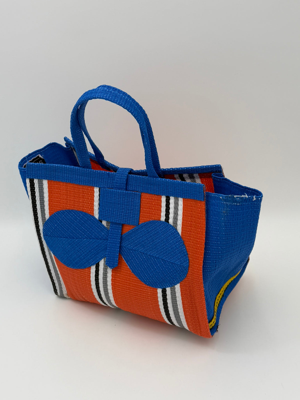 Citrus Medium  handwoven tote bag by SCRUBIES in Orange,Blue,White,Gray with Stripes design and Bow accent pattern