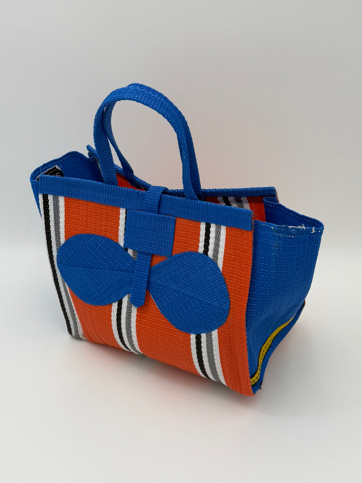 Citrus Medium  handwoven tote bag by SCRUBIES in Orange,Blue,White,Gray with Stripes design and Bow accent pattern