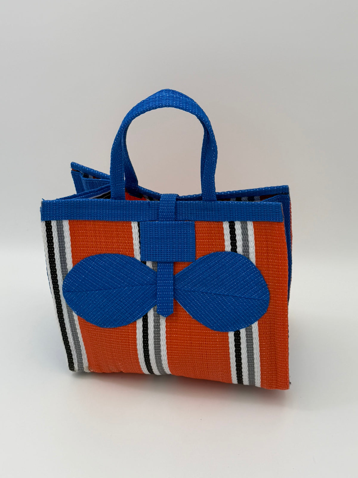 Citrus Medium  handwoven tote bag by SCRUBIES in Orange,Blue,White,Gray with Stripes design and Bow accent pattern