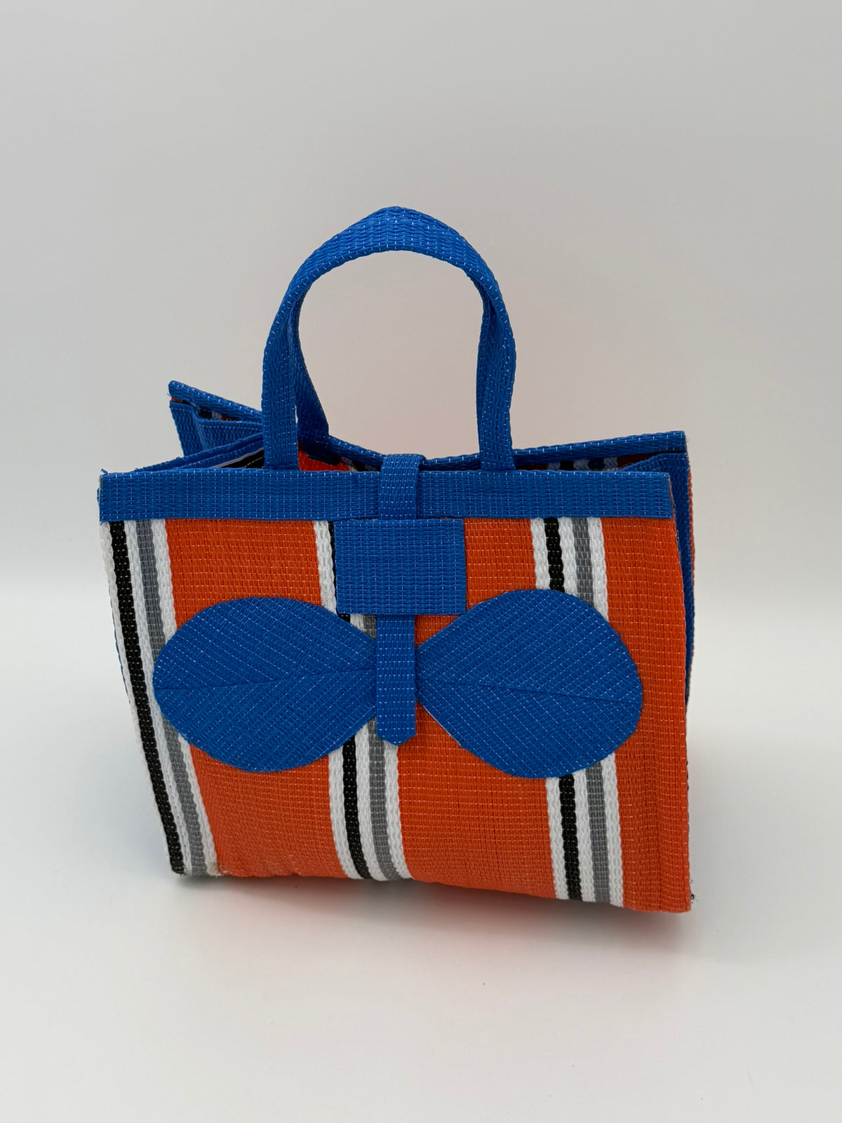 Citrus Medium  handwoven tote bag by SCRUBIES in Orange,Blue,White,Gray with Stripes design and Bow accent pattern