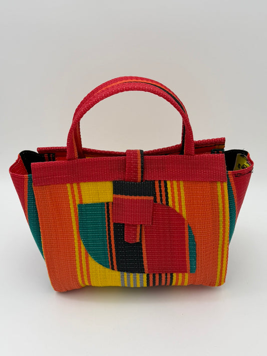 Citrus Medium  handwoven tote bag by SCRUBIES in Orange,Red,Yellow,Green,Black with Stripes design and Almond accent pattern
