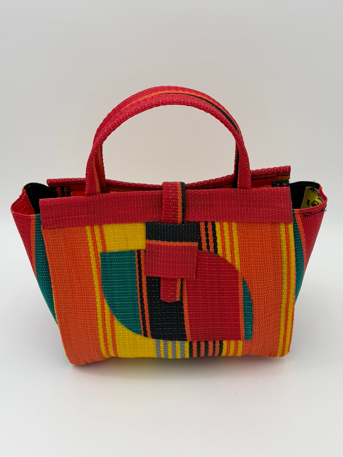 Citrus Medium  handwoven tote bag by SCRUBIES in Orange,Red,Yellow,Green,Black with Stripes design and Almond accent pattern