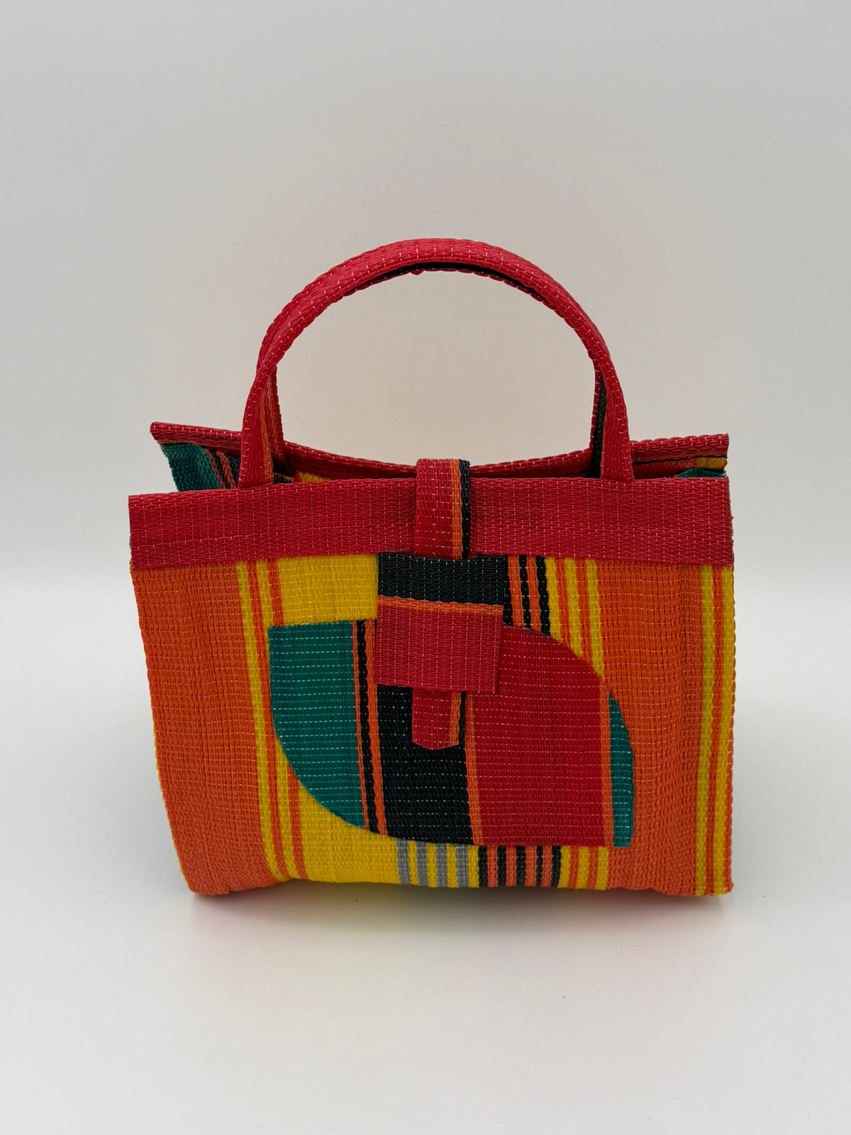 Citrus Medium  handwoven tote bag by SCRUBIES in Orange,Red,Yellow,Green,Black with Stripes design and Almond accent pattern