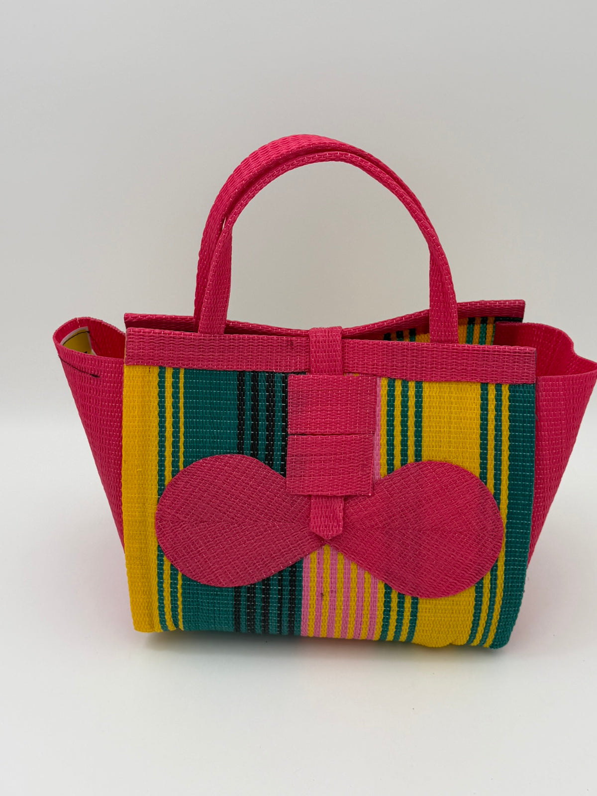 Citrus Medium  handwoven tote bag by SCRUBIES in Pink,Yellow,Green with Stripes design and Bow accent pattern