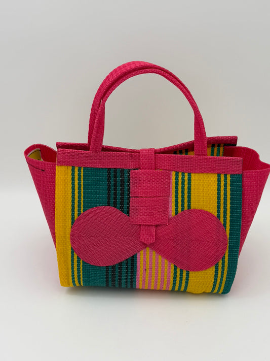 Citrus Medium  handwoven tote bag by SCRUBIES in Pink,Yellow,Green with Stripes design and Bow accent pattern