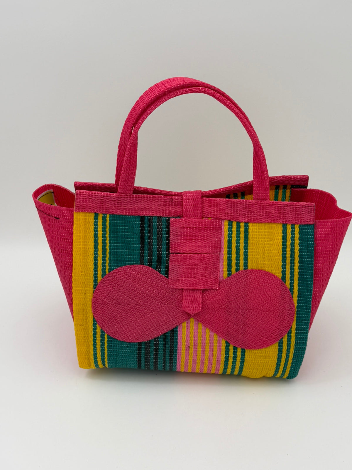 Citrus Medium  handwoven tote bag by SCRUBIES in Pink,Yellow,Green with Stripes design and Bow accent pattern