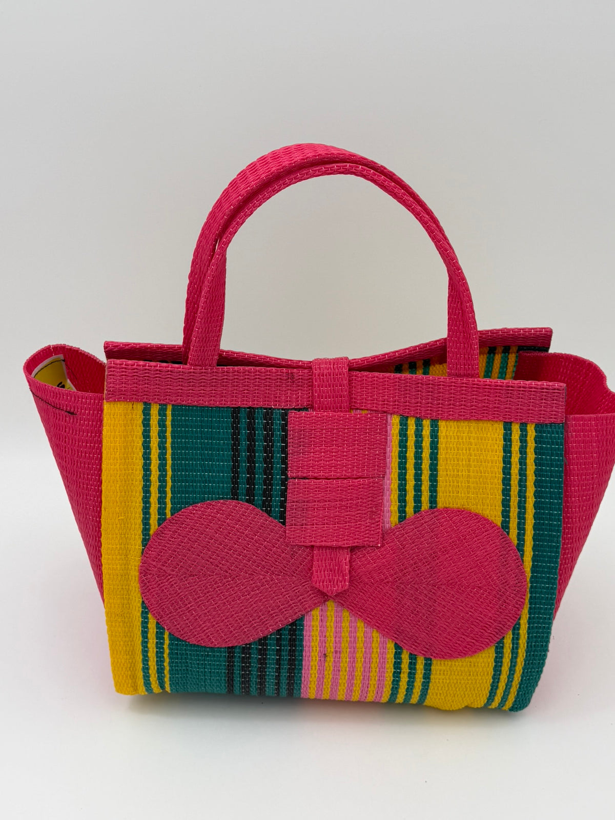 Citrus Medium  handwoven tote bag by SCRUBIES in Pink,Yellow,Green with Stripes design and Bow accent pattern