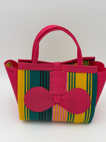Citrus Medium  handwoven tote bag by SCRUBIES in Pink,Yellow,Green with Stripes design and Bow accent pattern