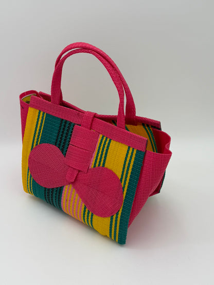 Citrus Medium  handwoven tote bag by SCRUBIES in Pink,Yellow,Green with Stripes design and Bow accent pattern