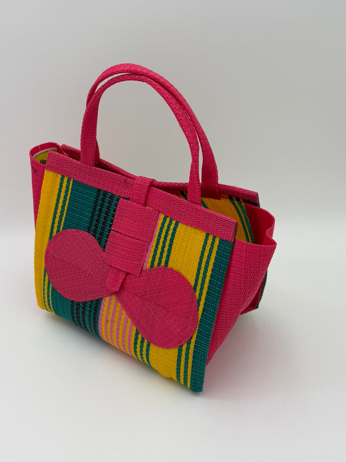 Citrus Medium  handwoven tote bag by SCRUBIES in Pink,Yellow,Green with Stripes design and Bow accent pattern