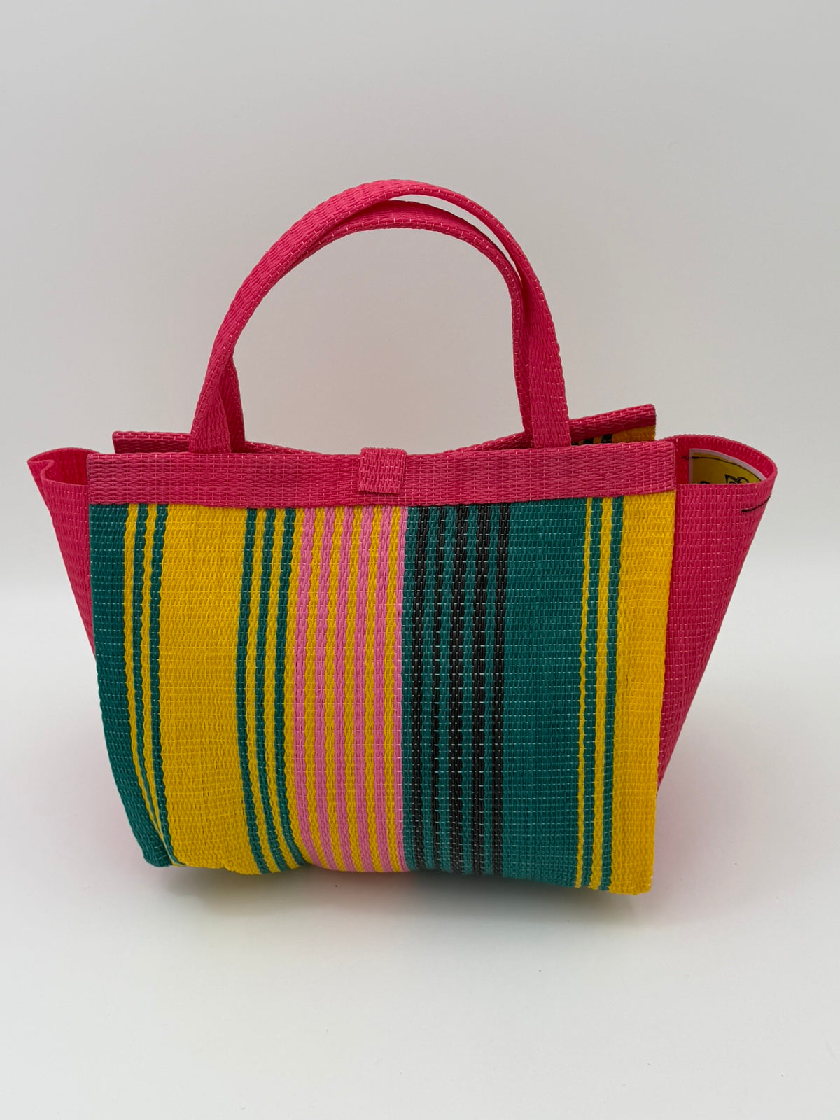 Citrus Medium  handwoven tote bag by SCRUBIES in Pink,Yellow,Green with Stripes design and Bow accent pattern