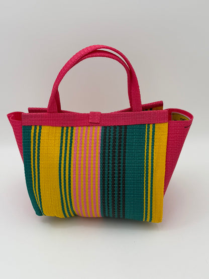 Citrus Medium  handwoven tote bag by SCRUBIES in Pink,Yellow,Green with Stripes design and Bow accent pattern