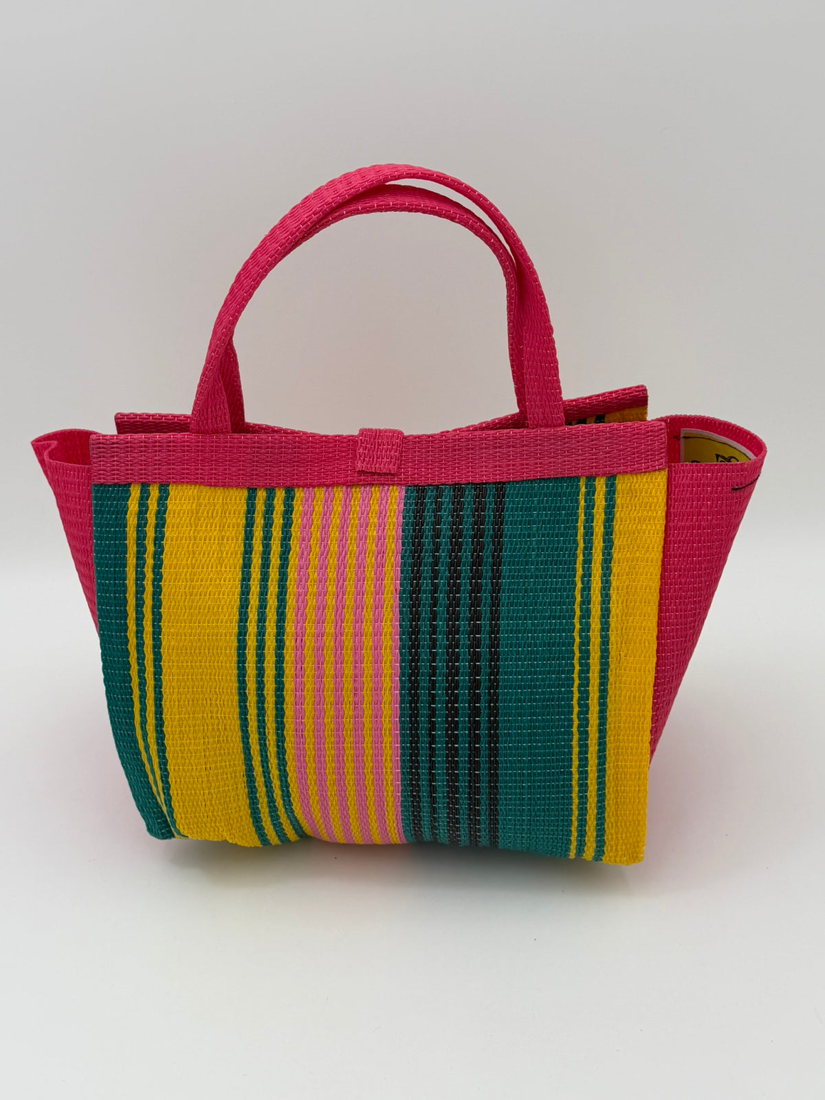 Citrus Medium  handwoven tote bag by SCRUBIES in Pink,Yellow,Green with Stripes design and Bow accent pattern