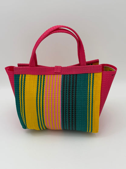 Citrus Medium  handwoven tote bag by SCRUBIES in Pink,Yellow,Green with Stripes design and Bow accent pattern