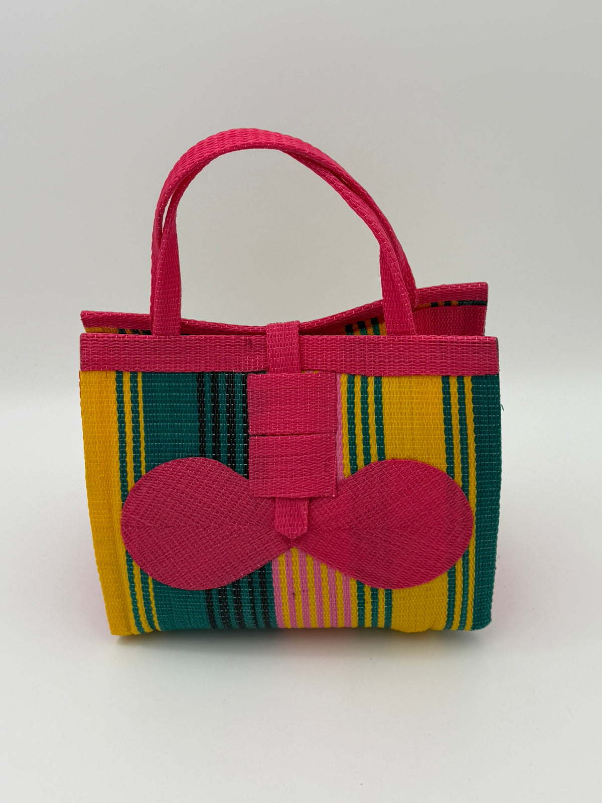 Citrus Medium  handwoven tote bag by SCRUBIES in Pink,Yellow,Green with Stripes design and Bow accent pattern